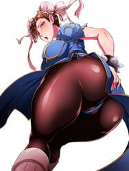 ass big_ass black_legwear blush bracelet breasts brown_eyes brown_hair brown_legwear capcom china_dress chinese_clothes chun-li covering covering_ass double_bun dress earrings female female_focus highres huge_ass jewelry kanta_(k_n_t_r_o) large_breasts open_mouth pantyhose pelvic_curtain shiny shiny_clothes simple_background solo spiked_bracelet spikes street_fighter sweat thick_thighs thighs