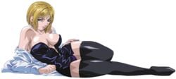 1girls 2d 2d_(artwork) anime_character areola_slip areolae bible_black big_breasts black_dress blonde_female blonde_hair blonde_hair_blue_eyes blonde_hair_female blue_eyes bob_cut chin_length_hair cross_earrings female female_only kitami_reika lab_coat large_breasts leather_dress light-skinned_female light_skin long_socks looking_at_viewer off-shoulder_dress on_side pale-skinned_female panties parted_bangs purple_nails purple_panties school_nurse thick_thighs thighhighs video_game_character video_game_franchise white_lab_coat