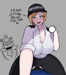 1boy 1girls aged_up big_breasts blonde_hair blush breasts bulge cowgirl_position electronics erection_under_clothes eye_contact female five_nights_at_freddy's five_nights_at_freddy's:_security_breach freddy_(fnaf) glamrock_freddy_(fnaf) green_eyes gregory_(fnaf) hat human imminent_sex long_hair looking_at_viewer male pov pov_eye_contact sieroo smile speech_bubble text thick_thighs tight_clothing vanessa_(fnaf)
