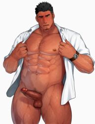 1boy abs bara bare_pectorals black_pants blush bottomless censored chest_hair collared_shirt cowboy_shot erection facial_hair groin hairy highres large_pectorals leg_hair male male_focus male_only male_pubic_hair mosaic_censoring muscular muscular_male naked_shirt navel navel_hair nipples one_eye_closed open_clothes open_shirt original pants pectorals penis pubic_hair sakuramaru123 sakuramarusan salaryman shirt short_hair sideburns solo stubble sweatdrop testicles thick_thighs thighs undressing white_shirt