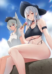 2021 2girls animal_ears arknights arm_support bare_legs bare_shoulders belly bikini blue_eyes blush bra breasts earrings extra_ears female female_only grani_(arknights) hat high_resolution holding_object ice_cream long_hair looking_at_viewer navel red_eyes shirt silver_hair simple_background sitting skadi_(arknights) smile sweat thick_thighs thighs underboob xperiajoker