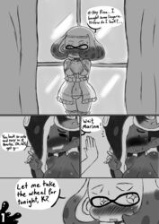 1futa 2girls black_and_white blush clothed clothing comic dark-skinned_futanari dark_skin dialogue female female_focus futa_on_female futanari humanoid inkling interracial lewdtoonyguy light-skinned_female lingerie marina_(splatoon) monochrome mostly_nude new_year new_year_2022 octoling pale-skinned_female pale_skin pearl_(splatoon) self_upload size_difference splatoon splatoon_2 standing text yuri