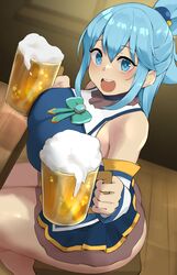 1girls alcohol aqua_(konosuba) aqua_hair ass beer beer_glass big_breasts blue_eyes blue_hair dress excited female female_only happy kono_subarashii_sekai_ni_shukufuku_wo! skirt xx682567