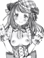 blush breasts breasts_out corset female greyscale hair_ribbon hands_up hat highres inuki_matoi looking_at_viewer monochrome nanashi_(nlo) neck_ribbon nipples re:act ribbon simple_background small_breasts smile solo virtual_youtuber white_background wristband