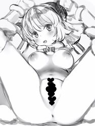 animal_ears anus blush breasts censored curled_horns female from_behind greyscale highres holoforce hololive hololive_japan horns large_breasts looking_at_viewer lying monochrome mosaic_censoring nanashi_(nlo) navel nipples nude on_back open_mouth sheep_ears sheep_horns solo spread_legs tsunomaki_watame virtual_youtuber