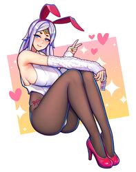 1girls 2d arm_warmers arm_wraps ass blue_eyes blush blushing_at_viewer breasts bunny_ears bunny_girl condom condom_wrapper eye_contact female female_only headwear heart high_heels holding_condom ikkimay lian_(paladins) light-skinned_female light_skin long_hair looking_at_viewer paladins pantyhose peace_sign solo solo_female tagme v_sign white_hair