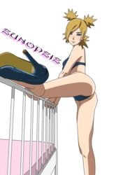 alternate_eye_color arm_support ass bare_legs bare_shoulders bed blonde_hair blue_eyes blue_underwear blush boruto:_naruto_next_generations bra female female_only footwear heels high_heels holding_object light-skinned_female light_skin long_hair looking_at_viewer mature mature_female milf naruto naruto_(series) panties parted_bangs pinup quad_tails railing round_ass shiny shiny_hair shiny_skin sideboob skindentation solo solo_focus standing standing_on_one_leg temari underwear zunopziz