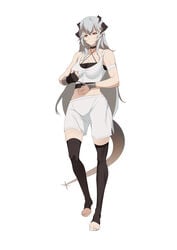 1girls 2021 arknights bandaged_arm bandages bare_shoulders belly boxers_(clothing) breasts cleavage clothed clothed_female female female_only gloves high_resolution horns legwear long_hair orange_eyes saria_(arknights) shorts silver_hair simple_background sports_bra sportswear standing tail toeless_legwear white_background xperiajoker