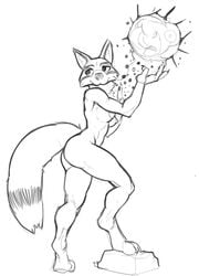 2021 absurd_res anthro areola ass bent_leg breasts claws digitigrade female hi_res lakeslug looking_aside looking_away magic mammal neck_tuft nipples nude pawpads procyonid raccoon side_boob simple_background solo standing_on_object tail_stripes tuft white_background