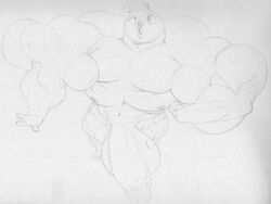 2_toes 4_fingers abs anthro avian balls big_muscles bird blush feet fingers genitals harvey_beaks harvey_beaks_(character) harvey_beaks_(series) huge_muscles hyper hyper_muscles male monochrome muscular muscular_male nipples non-mammal_balls open_mouth penis sbshouseofpancakes toes traditional_media_(artwork)