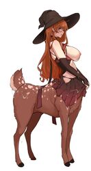 absurdres bangs black_skirt blush breasts breasts_out bridal_gauntlets brown_fur brown_hair centauroid clothes_lift commission cum cum_on_body cum_on_breasts deer_tail deer_taur english_commentary eyebrows_visible_through_hair female from_side full_body glasses green_eyes hair_between_eyes hat highres large_breasts long_hair looking_at_viewer monster_girl monsterification nipples original parted_lips pleated_skirt profile round_eyewear sidelocks simple_background skirt skirt_lift solo standing stomach tail taur todding white_background witch_hat