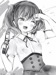 alice_gear_aegis blush breasts buttons double-breasted female greyscale hand_up high-waist_skirt highres holding holding_water_gun kimikage_yui monochrome nanashi_(nlo) neck_ribbon nipples one_eye_closed open_mouth puffy_short_sleeves puffy_sleeves ribbon see-through_shirt shirt short_sleeves skirt small_breasts solo twintails water_gun wet wet_clothes wet_shirt