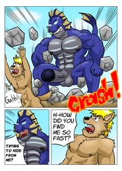 2boys abs angry anthro aquatic_dragon arms_above_head balls big_penis blonde_hair blue_body blue_eyes blue_glow blue_scales brown_body brown_fur brown_penis canid canine canis clenched_teeth cloud comic destruction dialogue domestic_dog dragon duo ear_fins ear_frill english_text erection fin frill_(anatomy) fur gay genitals gharn_(vju79) glowing glowing_eyes grey_body grey_penis grey_scales guss_(vju79) head_crest head_fin head_frill hi_res male male/male male_only mammal marine multiple_boys muscular muscular_anthro muscular_arms muscular_male nipples nude onomatopoeia outside page_30 pecs penis ride_the_wave!_(vju79) rock rubble running sand scales scalie scared screaming sky sound_effects stomping tail_fin tail_frill teeth text vein veiny_penis vju79 wide_eyed wolf