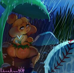 2022 animal_crossing anthro ass big_ass big_breasts bottomless bottomless_skirt breasts bubble_butt butt_crack cute disney dress fur furry isabelle_(animal_crossing) isolatedartest looking_back nintendo rain raining shortstack tinker_bell_(cosplay) tiny_female tiny_wings upskirt wings