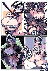 alternate_costume arms_up big_breasts bikini black_hair bondage bound cleavage collar cow_bikini cow_print cow_print_armwear cow_print_thighhighs cowbell detached_collar eyepatch_bikini female female_only huge_breasts kingofbandit156 leash leash_pull made_in_abyss marulk micro_bikini mob_face multiple_images ozen ribbon_bondage short_hair spread_legs swimsuit thick_thighs thighhighs two_tone_hair zettai_ryouiki