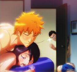 1girls 2boys ambiguous_penetration being_watched black_hair bleach blush bodily_fluids breasts breath caught caught_in_the_act cheering closed_eyes completely_nude door duo duo_focus father father_and_son gairon heavy_breathing ichigo_kurosaki implied_penetration indoors isshin_kurosaki kuchiki_rukia light-skinned_female light-skinned_male light_skin long_hair lying lying_on_bed lying_on_person lying_on_stomach multiple_boys nakadashi naked nude open_door orange_hair peeping prone prone_bone proud purple_eyes sex short_hair sideboob small_breasts smile son spying sweat sweatdrop sweating sweating_profusely visible_breath walk-in watching