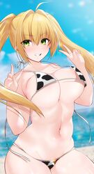 ahoge animal_print areola_slip areolae bangs bare_shoulders beach bikini blonde_hair blue_sky bouncing_breasts breasts collarbone cow_print double_v fate/grand_order fate_(series) female green_eyes grin hair_between_eyes hair_intakes highres large_breasts long_hair looking_at_viewer navel nero_claudius_(fate) nero_claudius_(swimsuit_caster) sky smile solo swimsuit twintails uzura_kazuhisa v white_bikini