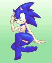 anthro anus blue_body blue_fur breasts eulipotyphlan female fours_(artist) fur genitals green_eyes hand_on_floor hand_on_forehead hedgehog hi_res mammal pussy rule_63 sega sitting small_breasts solo sonic_(series) sonic_the_hedgehog sonic_the_hedgehog_(series) sonique_the_hedgehog