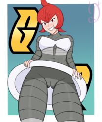 cameltoe cocky dealore mars_(pokemon) pokemon pokemon_trainer red_eyes red_hair showing_pussy smiling smiling_at_viewer smirking smirking_at_viewer smug team_galactic tight_bodysuit tight_clothing