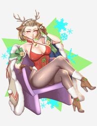 1girls alternate_costume bare_shoulders beauty_mark breasts brown_eyes brown_hair chair christmas christmas_outfit cleavage cleru_(cleruuuuu) coat collarbone crossed_legs eyeshadow female_only fire_emblem fire_emblem:_three_houses fire_emblem_heroes fishnet_legwear fishnets gloves high_heels large_breasts lipstick manuela_casagranda manuela_casagranda_(winter) mole mole_under_eye nintendo official_alternate_costume on_chair orange_eyeshadow orange_lips orange_lipstick sideboob sitting smile solo