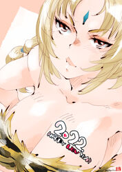 1girls 2022 big_breasts bikini bikini_top blonde_hair boruto:_naruto_next_generations brown_eyes busty cleavage close-up clothing english_text female female_only forehead_jewel forehead_mark happy_new_year large_breasts mature mature_female mike156 milf naruto naruto_(classic) naruto_(series) naruto_shippuden new_year pale-skinned_female pale_skin pinup ponytail shounen_jump solo text tied_hair tsunade voluptuous yellow_bikini