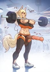 1futa animal_ear_fluff animal_ears animal_penis arknights balls barbell big_balls big_breasts black_legwear blonde_hair breasts clothed clothing crop_top crossed_arms english_commentary erection full_body futa_only futanari highres horse_ears horse_girl horse_penis horse_tail horsecock huge_cock huge_penis humanoid kemonomimi large_breasts light-skinned_futanari light_skin long_hair mostly_clothed muscular_futanari navel nearl_(arknights) pale_skin penis ponytail shoes short_sleeves sidelocks sneakers solo solo_futa standing sulcate sweat tail testicles thighhighs uncensored watch weightlifting white_footwear wristwatch yellow_eyes