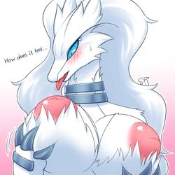 absurd_res anthro big_breasts blue_eyes blush breast_grab breasts collar coolryong dragon female fur hand_on_breast hi_res legendary_pokémon nintendo nipples nude pokémon_(species) pokemon reshiram solo video_games white_body white_fur