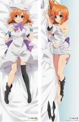 07th_expansion 1girls bed belly_button blue_eyes breasts cleavage dakimakura feet female_only full_body half_naked hand_on_breast handband hat higurashi_no_naku_koro_ni higurashi_no_naku_koro_ni_gou legs legs_together looking_at_viewer loose_clothes lying navel official_art orange_hair ribbon ryuuguu_rena short_hair sideboob solo solo_female stockings stomach thighs tummy white_clothing white_skin