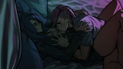 2d 2d_(artwork) 2girls arcane arcane_caitlyn arcane_vi blue_eyes breast_sucking breasts butch caitlyn_kiramman canon_couple closed_eyes female female_only istav league_of_legends multiple_girls nipples on_bed pink_hair vi yuri