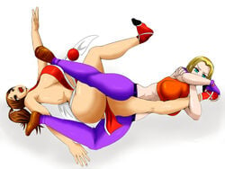 2girls big_breasts blonde_hair blue_mary breasts brown_eyes brown_hair catfight defeated domination fatal_fury female female_only femdom fighting green_eyes highres king_of_fighters large_breasts leg_grab mai_shiranui no_sex open_mouth pinned red_dress short_hair submission submission_hold submissive_female tetsunohiji thick_thighs very_long_hair wrestling wrestlingryona yuri