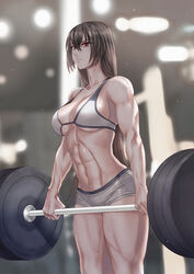 abs alternate_costume backlighting bangs biceps black_hair blurry blurry_background breasts ceiling_light cowboy_shot exercise female focused from_side gym highres indoors kantai_collection large_breasts light_particles long_hair looking_ahead muscular muscular_female nagato_(kantai_collection) navel red_eyes shiny shiny_clothes shiny_hair shiny_skin short_shorts shorts solo sports_bra standing thighs veins very_long_hair weightlifting white_sports_bra yuichi_(sp_sakura_yoshi)