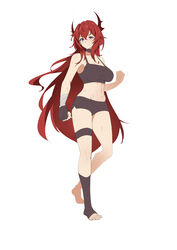 2021 abs arknights bandaged_arm bandages bare_shoulders belly boxing_gloves breasts choker cleavage clothed clothed_female female female_only high_resolution horns legwear long_hair navel purple_eyes red_hair shorts simple_background smile sports_bra standing surtr_(arknights) sweat sweatdrop thigh_strap thighs white_background xperiajoker