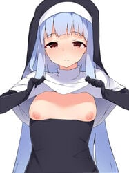 1girls blue_hair blush breasts breasts_out closed_mouth eyebrows_visible_through_hair female lifted_by_self light-skinned_female light_blue_hair light_skin long_hair nun original pink_eyes simple_background smile solo terazip turtleneck white_background