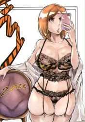1girls 2022 aged_up animal_print areola areola_slip bare_shoulders big_breasts bleach bra breasts brown_eyes busty cellphone chair cleavage dated female female_only garter_belt garter_straps happy_new_year holding_object hourglass_figure huge_breasts inoue_orihime legwear light-skinned_female light_skin lingerie married_female mature mature_female maxi midriff milf new_year older_female open_clothes orange_hair panties pinup ponytail pubic_hair robe selfie solo stockings taking_picture thick_thighs voluptuous wedding_ring wide_hips wife