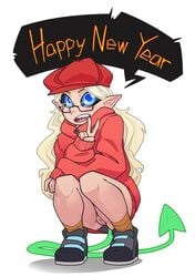 1girls blonde_hair blue_eyes glasses happy_new_year hat looking_at_viewer no_panties peace_sign pointy_ears pussy sharp_teeth shoes squatting succubus sweatshirt tail the_pink_pirate