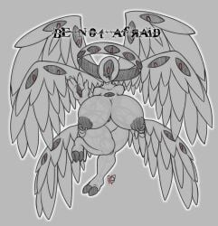 absurd_res angel biblically_accurate_angel big_breasts biped bovid bovine breasts cloven_hooves digital_drawing_(artwork) digital_media_(artwork) english_text eyes_on_wings feathered_wings feathers female greyscale halo hi_res hooves huge_breasts humanoid looking_at_viewer mammal monochrome mr._ink multi_eye multi_wing nipple_piercing nipples nude piercing public_domain seraph simple_background sketch solo spread_wings text thick_thighs wings