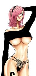 1girls big_breasts breasts crop_top curly_eyebrow curvy female female_only hairband navel one_piece panties pink_hair removing_panties shellmaru short_hair solo tattoo thick_thighs tongue tongue_out underboob vinsmoke_reiju