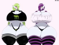 ass big_ass big_breasts breast clothed female/female gardevoir green_eyes green_hair huge_ass huge_breasts humanoid hyper_ass hyper_breasts monster_energy nintendo pat_pat pokémon_(species) pokemon pokemon_(species) pokemon_only purple_hair red_eyes thick_thighs white_body wide_hips