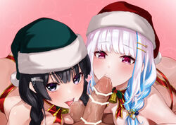 1boy 2girls ass bangs black_eyes black_hair blue_hair blunt_bangs blush braid breasts censored christmas collaborative_fellatio cum dark-skinned_male dark_skin eyebrows_visible_through_hair fellatio ffm_threesome french_braid fur-trimmed_headwear fur_trim green_headwear group_sex hair_ornament hair_over_shoulder hairclip hat interracial inukai_mofu light-skinned_female light_skin lize_helesta long_hair looking_at_viewer male_pov medium_breasts multicolored_hair multiple_fellatio multiple_girls naked_ribbon nijisanji nude open_mouth oral penis pov purple_eyes red_headwear red_ribbon ribbon saliva santa_hat smile straight teamwork testicle_sucking threesome tongue tsukino_mito two-tone_hair virtual_youtuber white_hair