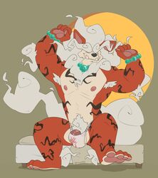 4_fingers 4_toes 5_fingers absurd_res anthro arcanine areola armpit_hair asian_clothing balls bed body_hair bracelet clothed clothing east_asian_clothing fakémon feet fingers fundoshi fur furniture genitals hair hi_res hisuian_arcanine japanese_clothing jewelry kiba24 male male_only nintendo nipples on_bed one_eye_closed orange_body orange_fur pawpads penis penis_base pillow pokemon pubes sitting sitting_on_bed solo solo_male stretching toes topless tusks underwear video_games white_clothing white_hair white_underwear yellow_eyes