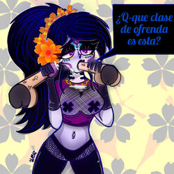 blowjob blue_hair blue_hair_female catalina_la_catrina dark_blue_hair dia_de_los_muertos flowers_in_hair goth latina long_blue_hair long_hair long_hair_female mexican nipples_covered oral orange_flower spanish_dialogue spanish_text three-quarter_portrait unseen_character waist_length_hair white_skin