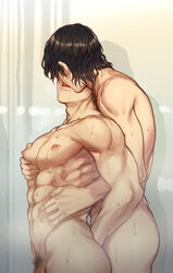 2boys abs arm_behind_back bara behind_another black_hair collarbone completely_nude cowboy_shot face-to-face french_kiss grabbing hand_on_another's_stomach highres hug hug_from_behind indoors kissing male_focus male_pubic_hair multiple_boys muscular muscular_male navel nipples nude original pectoral_grab penis pubic_hair saliva saliva_trail short_hair shower_(place) tongue tongue_out wet wet_hair yaoi yukibi_(ykb)