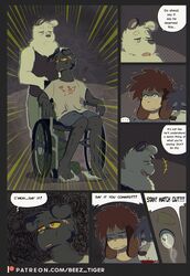 2022 alan_(beez) alex_(beez) anthro beez blood bodily_fluids bovid canid canine canis caprine clothing comic domestic_dog english_text goat hi_res male mammal open_mouth patreon patreon_link patreon_logo sitting stan_(beez) text wheelchair