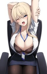 1girls 2021 ;o arms_up between_breasts black_bra black_skirt blonde_hair bra breasts brown_legwear chair cleavage ddangbi dress_shirt female female female_focus female_only id_card lace-trimmed_bra lace_trim lanyard large_breasts long_hair looking_at_viewer miniskirt motion_lines office_chair office_lady one_eye_closed open_clothes open_mouth open_shirt original pantyhose pencil_skirt shirt short_sleeves sitting skirt solo solo_female stretch trembling unbuttoned underwear white_background white_shirt