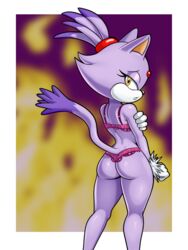 anthro ass blaze_the_cat bra clothing domestic_cat felid feline felis female fire gloves handwear hi_res looking_at_viewer looking_back mammal panties rear_view sega sleepiitreat solo sonic_(series) sonic_the_hedgehog_(series) underwear