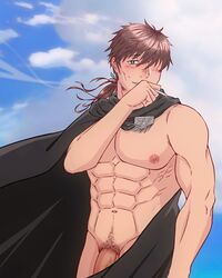 1boy abs bara bare_pectorals black_cape blush brown_hair cape cigarette cowboy_shot facial_hair fate/grand_order fate_(series) flaccid gin_no_hikari goatee hector_(fate) highres large_pectorals long_hair looking_at_viewer male_focus male_pubic_hair mature_male muscular muscular_male naked_cape navel navel_hair nipples pectorals penis penis_peek ponytail pubic_hair sideburns sky smile solo stomach