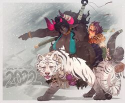 1boy 1girls 2022 animal big_breasts club dark-skinned_female dark_skin female hi_res horns justrube kanabou legio_(justrube) light-skinned_male light_skin long_ears male monster_girl muscular muscular_female oni oni_horns rube snow snow_tiger storm taller_female tiger year_of_the_tiger yoku_(justrube)