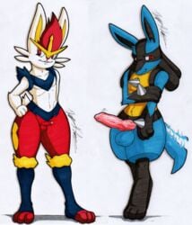 2boys absurd_res animal_genitalia animal_penis anthro big_penis canine_penis cinderace duo genitals hi_res lucario male male/male male_cinderace male_lucario nintendo penis pokemon pokemon_(species) rotten_owl shy simple_background small_penis tail_motion tailwag traditional_media_(artwork) video_games white_background