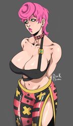 1girls belly belly_button big_breasts bra choker clothing dorkbum female female_only green_eyes grey_background jojo's_bizarre_adventure lipstick paizuri_invitation pink_hair shoulders shy simple_background solo thick_thighs trish_una vento_aureo