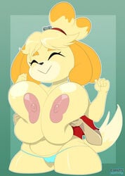 4_fingers :> animal_crossing animal_ears anthro areola areolae big_breasts blue_panties breasts chips_(artist) chipscolors closed_eyes isabelle_(animal_crossing) nintendo panties pink_areola tagme thick_thighs thighs topless topless_female video_games villager_(animal_crossing) yellow_body